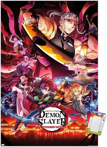 Miniatura 18 de Demon Slayer - Póster de pared Key Visual 1, 22.4 pulgadas de largo x 14.7 pulgadas de ancho, versión enmarcada de madera de granero