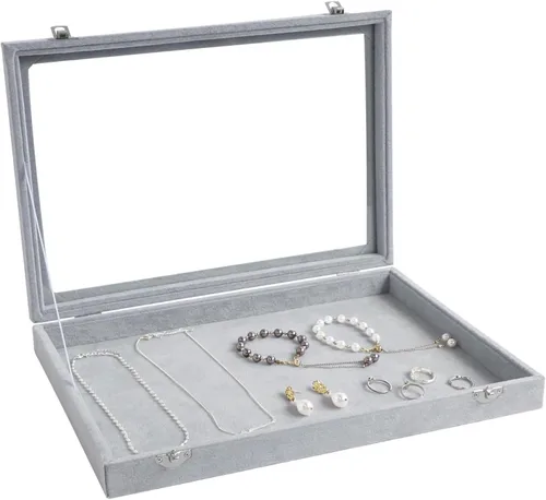 Wuligirl - Joyero organizador de terciopelo para aretes, collares y pulseras con tapa transparente de exhibición, almacenamiento de joyas