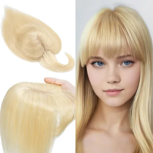 Miniatura 10 de SEGO Toppers de cabello humano 100% real, con flequillo de aire, base de seda 150% de densidad, topper con clip, 2.7 x 5.1 pulgadas, piezas