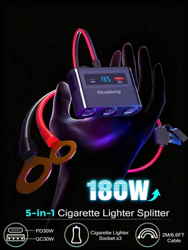Miniatura 2 de Divisor de encendedor de cigarrillos 5 en 1, adaptador de cargador de coche de 180W con USB PD/QC de 30W (cable de 6.6 pies), enchufe de batería