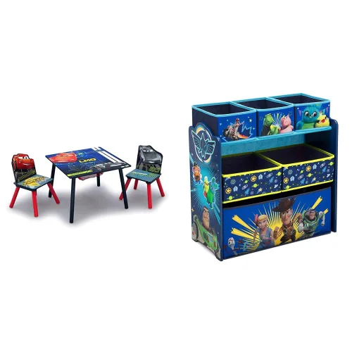 Delta Children Juego de mesa y silla para niños con almacenamiento (2 sillas incluidas) y organizador de juguetes y Story 4 y 6 cubos y