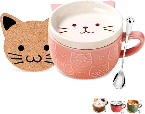 Miniatura 11 de BigNoseDeer 2 tazas lindas de cerámica Kawaii con gato, taza de café con tapa, tazas de té y platillos para postre, regalos lindos para amantes