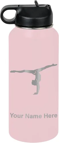 Miniatura 37 de LaserGram Botella de agua personalizada, gimnasta niña, acero inoxidable de doble pared aislada al vacío con popote superior, regalo grabado Azul