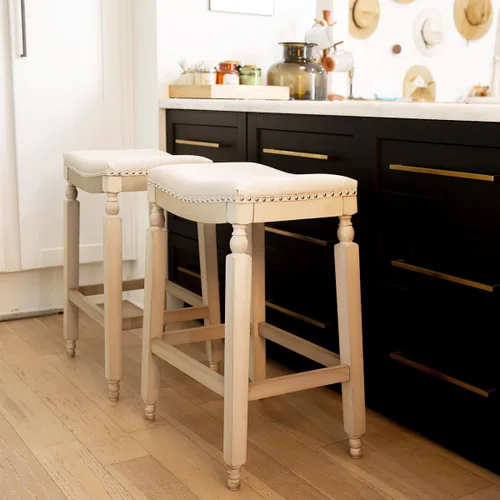 Miniatura 7 de Barton Juego de 2 taburetes de bar beige de 24 pulgadas, silla de montar sin espalda, acolchado de alta calidad para interiores y exteriores, cojín
