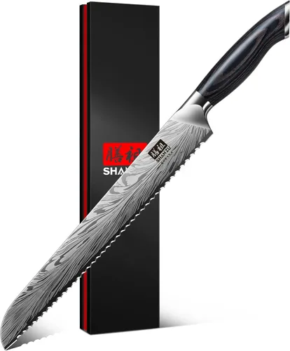 SHAN ZU Cuchillo de pan de 10 pulgadas en acero en polvo, cuchillo de pan serrano para pan casero de masa madre, cuchillo de corte de pan ultra
