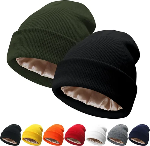 Miniatura 25 de NPQQUAN 2 PCS Satin Lined Beanie for Women Silk Lined Beanies Winter Warm Soft Lining Cuffed Knit Beanie Hats for Women