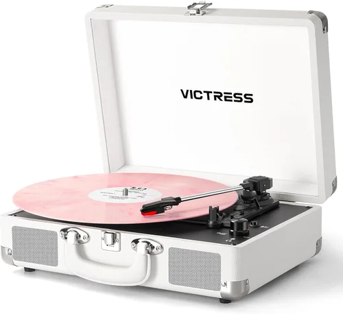 Miniatura 16 de Tocadiscos de vinilo con entrada y salida Bluetooth, tocadiscos portátil vintage de maleta, tocadiscos LP de 3 velocidades con conversión de vinilo