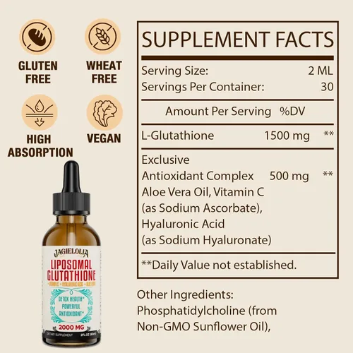 Miniatura 2 de Jagielolia Líquido de glutatión liposomal de 2000 MG, fabricado en los Estados Unidos, suplemento de glutatión reducido, absorción mejorada, sin