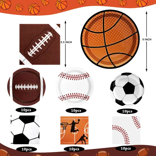 Miniatura 2 de Decoraciones deportivas para fiestas de cumpleaños, 80 unidades, platos y servilletas para fiestas deportivas, béisbol, fútbol, baloncesto, rugby