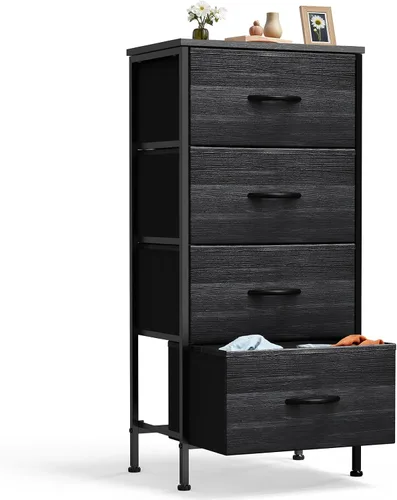 Miniatura 18 de DUMOS Mesita de noche con 4 cajones, mesa de noche con contenedores de tela extraíbles, marco de acero resistente, organizador superior de madera