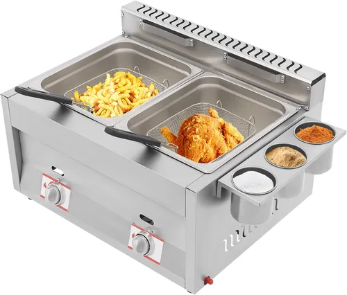 Freidora comercial para encimera, 2 x 6.3 cuartos de galón, gran capacidad, doble tanque de gas, freidora de gas comercial de acero inoxidable con 2