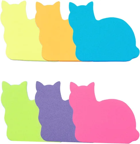 Notas adhesivas de gatos lindos, paquete de 6 notas adhesivas Kawaii de colores brillantes para amantes de los gatos (6 colores, forma 2)