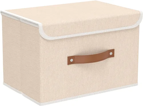 Miniatura 36 de Yawinhe SNK024BEN-1 Cajas de almacenamiento plegables, cestas apilables de tela de lino, contenedor con tapa y asa de cuero, lavable, para el hogar