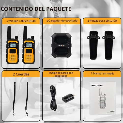 Miniatura 19 de Retevis RB48 Walkie Talkies Impermeables, Radio Bidireccional de Alta Resistencia, Triple Prueba Avanzada, Llamada por Vibración, USB-C, SOS
