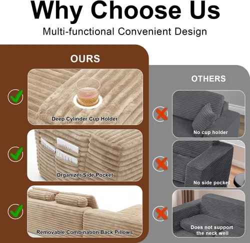 Miniatura 4 de Sofá modular Cloud con diván en forma de L, moderno sofá modular con asiento profundo, portavasos integrado y bolsillo de almacenamiento para sala