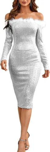 Vestido ajustado de manga larga con lentejuelas y un solo hombro para mujer, vestido de cóctel brillante para fiesta de noche