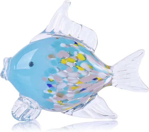 Miniatura 8 de Figuras grandes de peces de vidrio soplado a mano, arte de vidrio marino para acuario, escultura de estatua de pez azul y naranja, acento costero