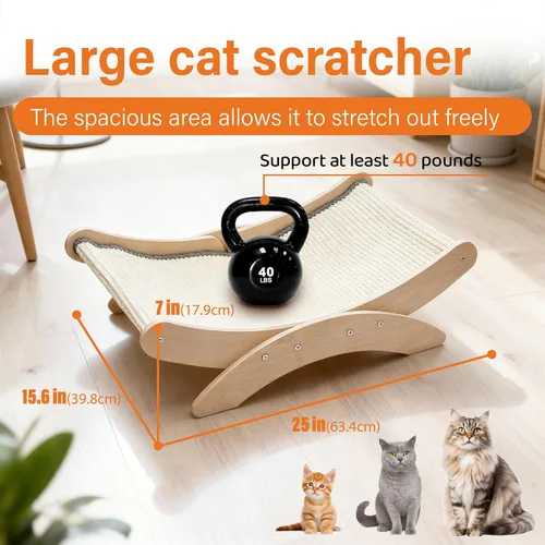 Miniatura 4 de Cama rascador para gatos de interior – Poste rascador de sisal natural extra grande de 25 pulgadas con hamaca resistente marco de madera maciza