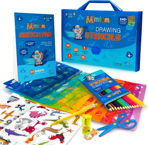 Mimtom Kit de plantillas de dibujo para niños, juego de arte de 51 piezas con más de 240 formas, bloc de bocetos y lápices de colores para