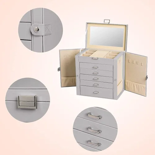 Miniatura 4 de Frebeauty Joyero grande, organizador de joyas de piel sintética de 6 niveles con cerradura, estuche de almacenamiento multifuncional con espejo
