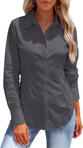 Miniatura 8 de Button Down Shirts for Women Long Sleeve Dress Shirts Collared Work Wrinkle Free Office Solid Blouses Fitted Tops