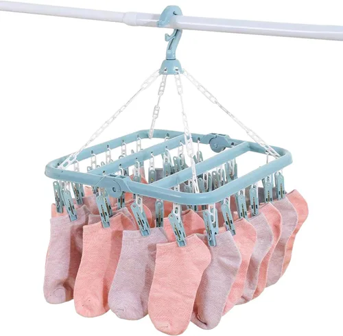 Clip plegable y colgador de goteo, 1/2 piezas de ganchos plegables con 32 clips de secado, estante de secado plegable con 32 clips para secar Azul