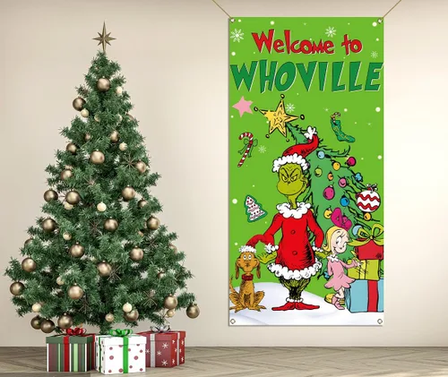 Miniatura 5 de Nepnuser Cubierta de puerta de Navidad de bienvenida, elfo verde, decoración de Navidad, invierno, vacaciones, fiesta, telón de fondo, pancarta