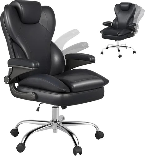Miniatura 12 de Hovos Silla de oficina, ergonómica grande y alta silla de cuero de escritorio con brazos abatibles acolchados, bloqueo de inclinación ajustable