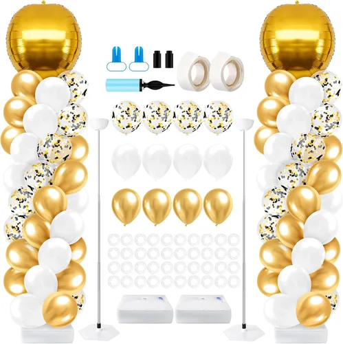 Miniatura 8 de Juego de 2 soportes de columna de globos de graduación dorados y negros para la clase de 2026, torre de arco de globos de suelo ajustable con globos