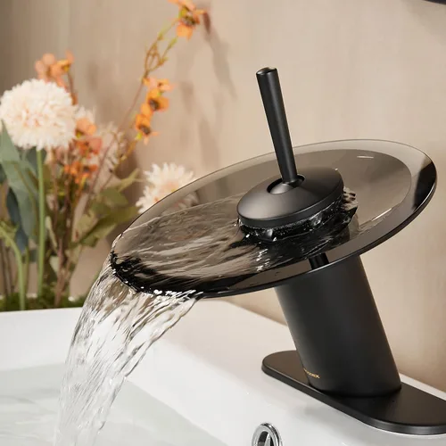 Miniatura 5 de Grifo de lavabo de baño en cascada de latón macizo, moderno círculo de cristal para lavabo, lavabo de un solo agujero, grifos de fregadero de Negro