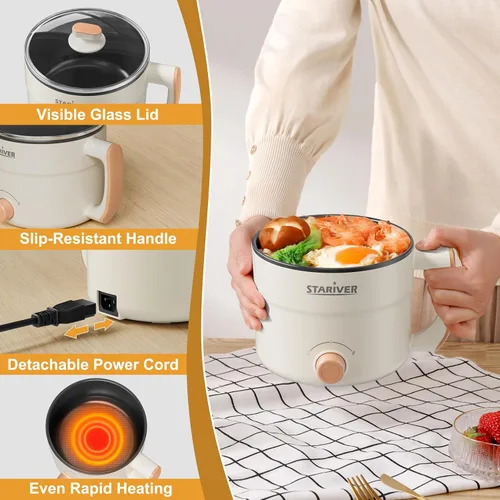 Miniatura 6 de Stariver - Olla caliente eléctrica de 1.5L con doble potencia - Mini olla portátil antiadherente para fideos, sopa, pasta, huevo, avena - Protección