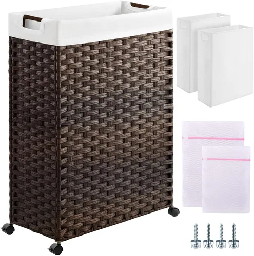 Miniatura 12 de GREENSTELL - Cesta de ropa con ruedas, 45 L (11.9 galones) Cesta pequeña de ropa con 2 bolsas extraíbles y 2 bolsas de malla, cesto de ratán delgado