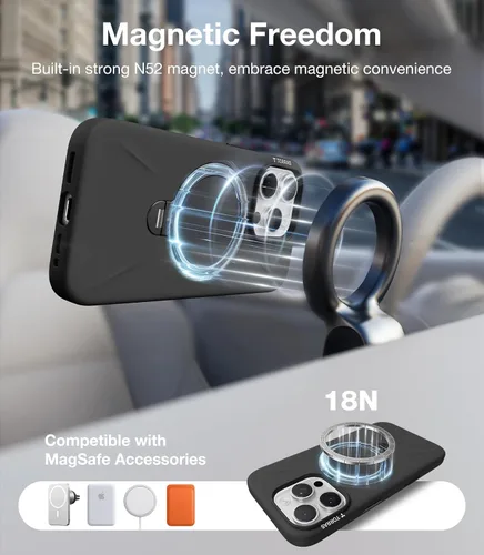 Miniatura 3 de TORRAS Funda de silicona líquida para iPhone 16 Pro con anillo magnético giratorio de 360 grados y control de cámara, compatible con MagSafe, Funda