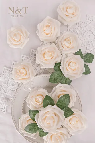 Miniatura 495 de N&T NIETING Flores artificiales, rosas artificiales de color rosa intenso, 50 piezas de flores falsas con tallo para ramos de boda DIY, centros