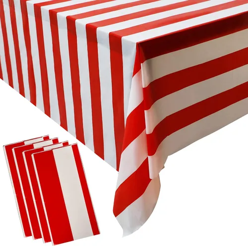 Miniatura 8 de peony man Mantel de plástico a rayas rojas y blancas, mantel rectangular impermeable para carnaval y circo, para decoración de días festivos