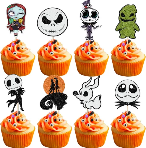 Miniatura 30 de Rsstarxi Paquete de 36 adornos para cupcakes de Halloween, murciélagos con purpurina, palitos de calabaza y calabazas, sombrero de bruja