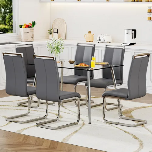 Miniatura 18 de Juego de mesa de comedor de vidrio Ebullient para 4, mesa de 51" de vidrio templado transparente con patas de metal negro y 4 sillas de acrílico