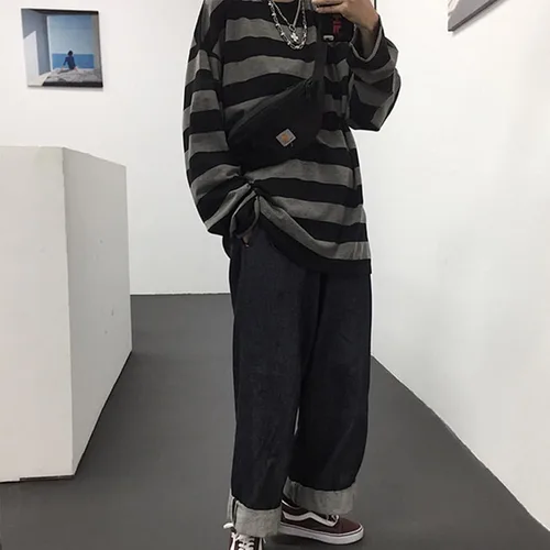 Miniatura 3 de Camiseta Harajuku de gran tamaño a rayas de manga larga con cuello redondo para mujer