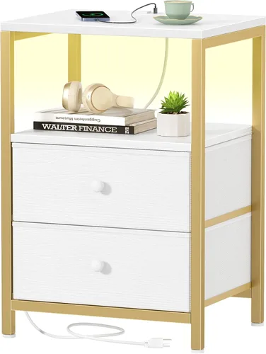 Miniatura 18 de BOLUO Cómoda alta con cajones, mesita de noche blanca con estación de carga y luz LED, cómoda pequeña de 4 cajones en blanco para dormitorio
