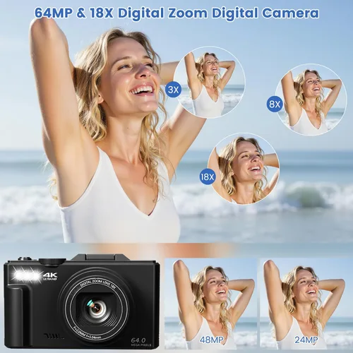 Miniatura 2 de Cámara digital 4K para fotografía, cámara de videoblogs de 64 megapíxeles para YouTube con pantalla giratoria de 3" 180°, cámara compacta de zoom