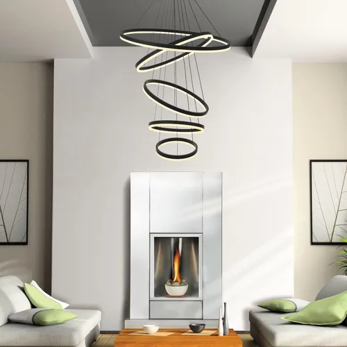 Miniatura 7 de Candelabro LED moderno de 5 anillos, color negro, regulable, de techo alto, para comedor con control remoto para vestíbulo, sala de estar, entrada
