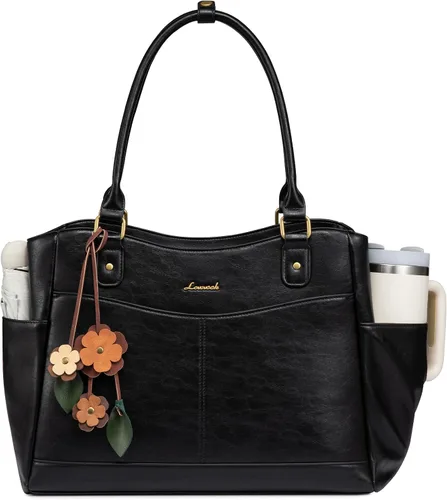 LOVEVOOK Bolsa para portátil para mujer, bolsa de mano vintage de cuero para trabajo, bolsa de computadora para oficina y profesora con portavasos