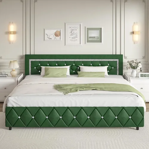 Miniatura 28 de BarnFurin Base de cama y cabecero tamaño King, cama tapizada de piel sintética con diseño capitoné de diamante, base de cama de plataforma moderna