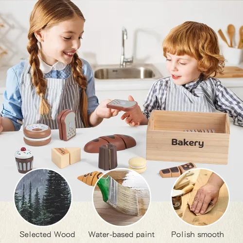 Miniatura 5 de Juego de 10 piezas de alimentos de madera para cocina de niños, juguetes de madera para cortar alimentos, accesorios de juguete de cocina con caja