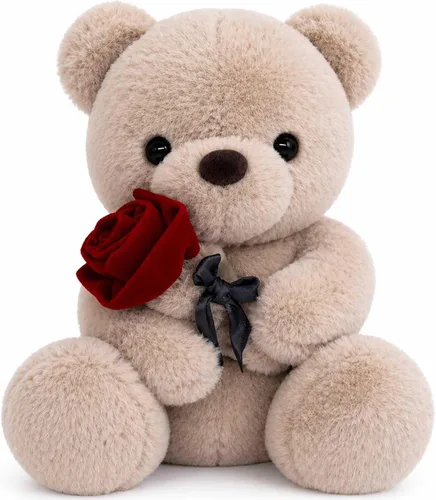 Oso de peluche de San Valentín con rosa, lindo oso de peluche para tu ser querido, novia, cumpleaños, San Valentín, Navidad (9.84 pulgadas, marrón)