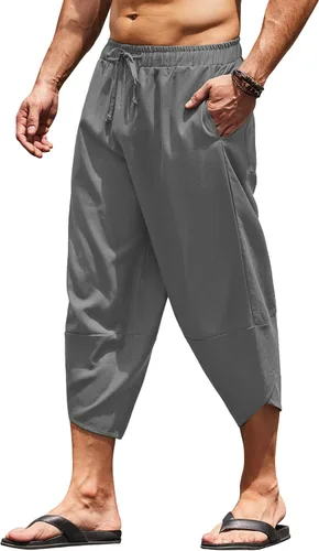 COOFANDY Pantalones capri harén de lino para hombre, ligeros, sueltos, 34, con cordón elástico, cintura elástica, pantalones casuales para yoga y