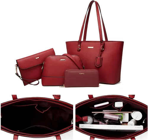 Miniatura 22 de Juego de 4 bolsas modernos para mujer de cuero sintético: bolso tote, bolso de hombro, bolso de mano y cartera.