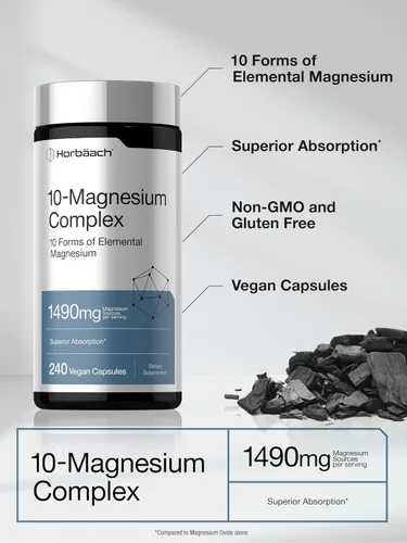 Miniatura 4 de Horbäach Complejo de magnesio 1490 mg 240 cápsulas 10 formas de magnesio elemental Vegano, sin OMG, sin gluten