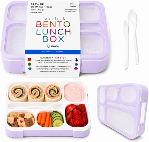 Miniatura 13 de Contenedor de lonchera Bento-Box para niños, niñas, mujeres, kit de 6 compartimentos para porciones escolares, cajas de comida o aperitivos para Rosa