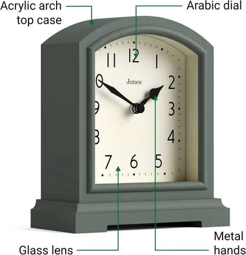 Miniatura 5 de JONES CLOCKS® Tavern - Reloj de repisa Diseño moderno de arco superior Verde espárragos Estilo clásico contemporáneo para escritorio, mesa